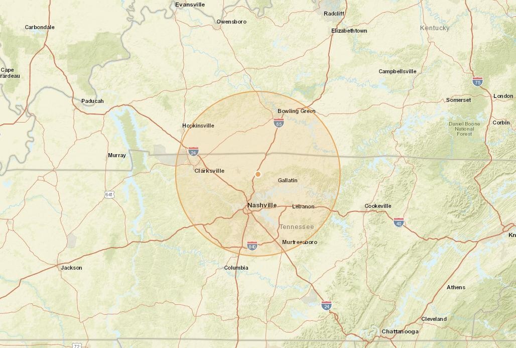 50-mile service radius map centered on White House, Tennessee